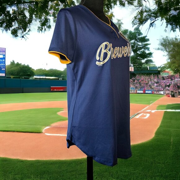 MILWAUKEE BREWERS ( MED ) Women's Pullover Jersey Snap Navy with Metallic Gold - Picture 2 of 8